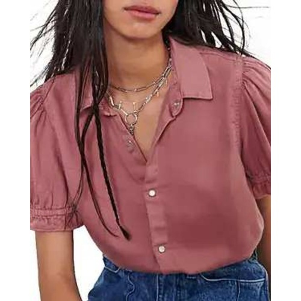 ba&sh Button Down Shirt Womens 1 Rose Pink Puff Sleeve Ruffle Snap Button